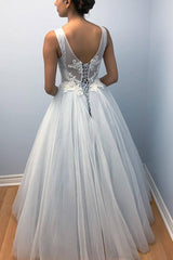 Long Lace-Up Back A-line Light Blue Wedding Dress with Appliques Long Lace-Up Back A-line Light Blue Wedding Dress with Appliques