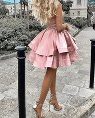 One shoulder satin ruffled hem short Homecoming dress One shoulder satin ruffled hem short Homecoming dress