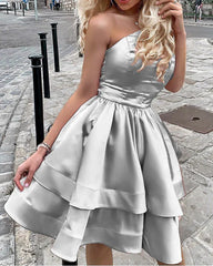 One shoulder satin ruffled hem short Homecoming dress One shoulder satin ruffled hem short Homecoming dress