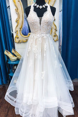 Long Illusion V-Neck A-line Halter Ivory Wedding Dress with Lace Long Illusion V-Neck A-line Halter Ivory Wedding Dress with Lace