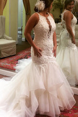 Long Deep V-Neck Mermaid Ivory Bridal Dress with Rufffles Long Deep V-Neck Mermaid Ivory Bridal Dress with Rufffles