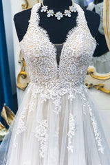 Long Illusion V-Neck A-line Halter Ivory Wedding Dress with Lace Long Illusion V-Neck A-line Halter Ivory Wedding Dress with Lace