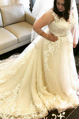 Plus Size Long V-Neck A-line Champagne Wedding Dress with Lace Plus Size Long V-Neck A-line Champagne Wedding Dress with Lace