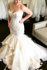 Long Ruffles Mermaid Sweetheart Ivory Wedding Dress with Lace Long Ruffles Mermaid Sweetheart Ivory Wedding Dress with Lace