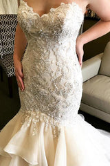 Long Ruffles Mermaid Sweetheart Ivory Wedding Dress with Lace Long Ruffles Mermaid Sweetheart Ivory Wedding Dress with Lace