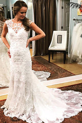 Long Mermaid Cap Sleeves Ivory Wedding Dress with Lace Long Mermaid Cap Sleeves Ivory Wedding Dress with Lace