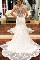 Long Mermaid Cap Sleeves Ivory Wedding Dress with Lace Long Mermaid Cap Sleeves Ivory Wedding Dress with Lace