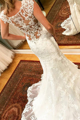 Long Mermaid Cap Sleeves Ivory Wedding Dress with Lace Long Mermaid Cap Sleeves Ivory Wedding Dress with Lace