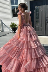 Blue V-Neck Tiered A-Line Long Prom Dress with Bow Tie Straps,AST1250 Blue V-Neck Tiered A-Line Long Prom Dress with Bow Tie Straps,AST1250