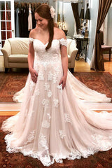 Long A-line Off Shoulder Ivory Wedding Dress with Lace Long A-line Off Shoulder Ivory Wedding Dress with Lace