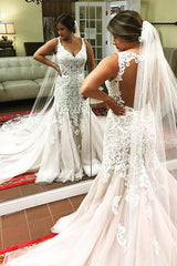 Long Mermaid V-Neck Ivory Wedding Dress with Lace Long Mermaid V-Neck Ivory Wedding Dress with Lace