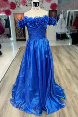 Blue Off the Shoulder A-Line Prom Dress with 3D Floral,AST1238 Blue Off the Shoulder A-Line Prom Dress with 3D Floral,AST1238