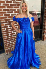Blue Off the Shoulder A-Line Prom Dress with 3D Floral,AST1238 Blue Off the Shoulder A-Line Prom Dress with 3D Floral,AST1238