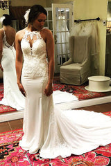 Long Mermaid Open Back Ivory Wedding Dress with Lace Long Mermaid Open Back Ivory Wedding Dress with Lace