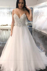 Long Spaghetti Strap A-line White Wedding Dress with Beads Long Spaghetti Strap A-line White Wedding Dress with Beads