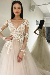 Long Sleeves A-line V-Neck Ivory Wedding Dress with Appliques Long Sleeves A-line V-Neck Ivory Wedding Dress with Appliques