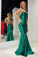 Mermaid Scoop Neck Dark Green Stretch Satin Long Prom Dresses Mermaid Scoop Neck Dark Green Stretch Satin Long Prom Dresses