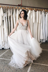 Long Straps A-line V-Neck White Wedding Dress with Beads Long Straps A-line V-Neck White Wedding Dress with Beads