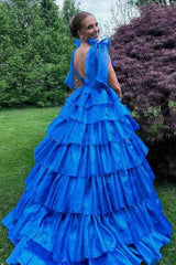 Blue V-Neck Tiered A-Line Long Prom Dress with Bow Tie Straps,AST1250 Blue V-Neck Tiered A-Line Long Prom Dress with Bow Tie Straps,AST1250
