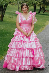 Blue V-Neck Tiered A-Line Long Prom Dress with Bow Tie Straps,AST1250 Blue V-Neck Tiered A-Line Long Prom Dress with Bow Tie Straps,AST1250