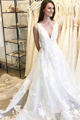 Princess Long V-Neck A-line White Wedding Dress with Lace Princess Long V-Neck A-line White Wedding Dress with Lace