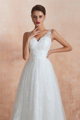 Long V-Neck A-line Empire White Wedding Dress with Lace Long V-Neck A-line Empire White Wedding Dress with Lace