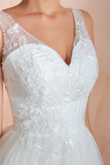 Long V-Neck A-line Empire White Wedding Dress with Lace Long V-Neck A-line Empire White Wedding Dress with Lace