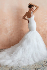 Long Lace-Up Back Mermaid White Wedding Dress with Layered Train Long Lace-Up Back Mermaid White Wedding Dress with Layered Train