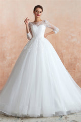 Princess 3/4 Sleeves Long A-line White Wedding Dress with Lace Princess 3/4 Sleeves Long A-line White Wedding Dress with Lace