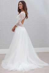 Princess Long Sleeves A-line V-Neck White Wedding Dress with Lace Princess Long Sleeves A-line V-Neck White Wedding Dress with Lace
