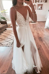 Long Spaghetti Strap A-line V-Neck White Wedding Dress with Lace Long Spaghetti Strap A-line V-Neck White Wedding Dress with Lace