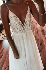 Long Spaghetti Strap A-line V-Neck White Wedding Dress with Lace Long Spaghetti Strap A-line V-Neck White Wedding Dress with Lace