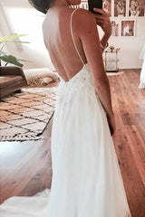 Long Spaghetti Strap A-line V-Neck White Wedding Dress with Lace Long Spaghetti Strap A-line V-Neck White Wedding Dress with Lace