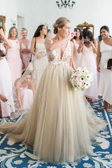 Long Deep V-Neck A-line Champagne Wedding Dress with Lace Top Long Deep V-Neck A-line Champagne Wedding Dress with Lace Top