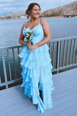 Light Blue Straps Ruffle A-Line Long Prom Dress with Slit,AST1247 Light Blue Straps Ruffle A-Line Long Prom Dress with Slit,AST1247