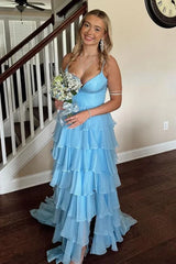 Light Blue Straps Ruffle A-Line Long Prom Dress with Slit,AST1247 Light Blue Straps Ruffle A-Line Long Prom Dress with Slit,AST1247