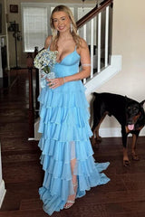 Light Blue Straps Ruffle A-Line Long Prom Dress with Slit,AST1247 Light Blue Straps Ruffle A-Line Long Prom Dress with Slit,AST1247