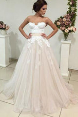 Long Sweetheart A-line Beige Wedding Dress with White Lace Long Sweetheart A-line Beige Wedding Dress with White Lace