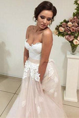 Long Sweetheart A-line Beige Wedding Dress with White Lace Long Sweetheart A-line Beige Wedding Dress with White Lace