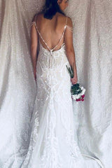 Long Open Back Mermaid V-Neck Ivory Bridal Dress with Lace Long Open Back Mermaid V-Neck Ivory Bridal Dress with Lace
