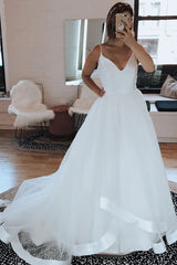 Long A-line Spaghetti Strap White Wedding Dress with Ruffles Long A-line Spaghetti Strap White Wedding Dress with Ruffles