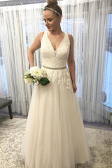Princess Long V-Neck A-line Ivory Wedding Dress with Beads Princess Long V-Neck A-line Ivory Wedding Dress with Beads