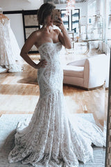 Princess Long Strapless Mermaid Ivory Wedding Dress with White Lace Princess Long Strapless Mermaid Ivory Wedding Dress with White Lace