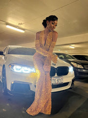 Deep V Neck Gold Sequins Mermaid Prom Dress with Gloves,AST1228 Deep V Neck Gold Sequins Mermaid Prom Dress with Gloves,AST1228