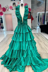 Green Halter Ruffle A-Line Long Prom Dress with Slit,AST1244 Green Halter Ruffle A-Line Long Prom Dress with Slit,AST1244