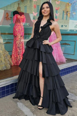 Green Halter Ruffle A-Line Long Prom Dress with Slit,AST1244 Green Halter Ruffle A-Line Long Prom Dress with Slit,AST1244