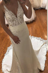 Sheath Long V-Neck Mermaid Ivory Wedding Dress with Lace Sheath Long V-Neck Mermaid Ivory Wedding Dress with Lace