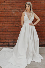 Long Deep V-Neck Empire A-line Ivory Wedding Dress with Train Long Deep V-Neck Empire A-line Ivory Wedding Dress with Train
