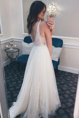 Long Illusion V Neck A-line Ivory Wedding Dress with Lace Long Illusion V Neck A-line Ivory Wedding Dress with Lace