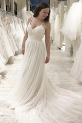 Long A-Line Spaghetti Straps White Wedding Dress with Lace Top Long A-Line Spaghetti Straps White Wedding Dress with Lace Top